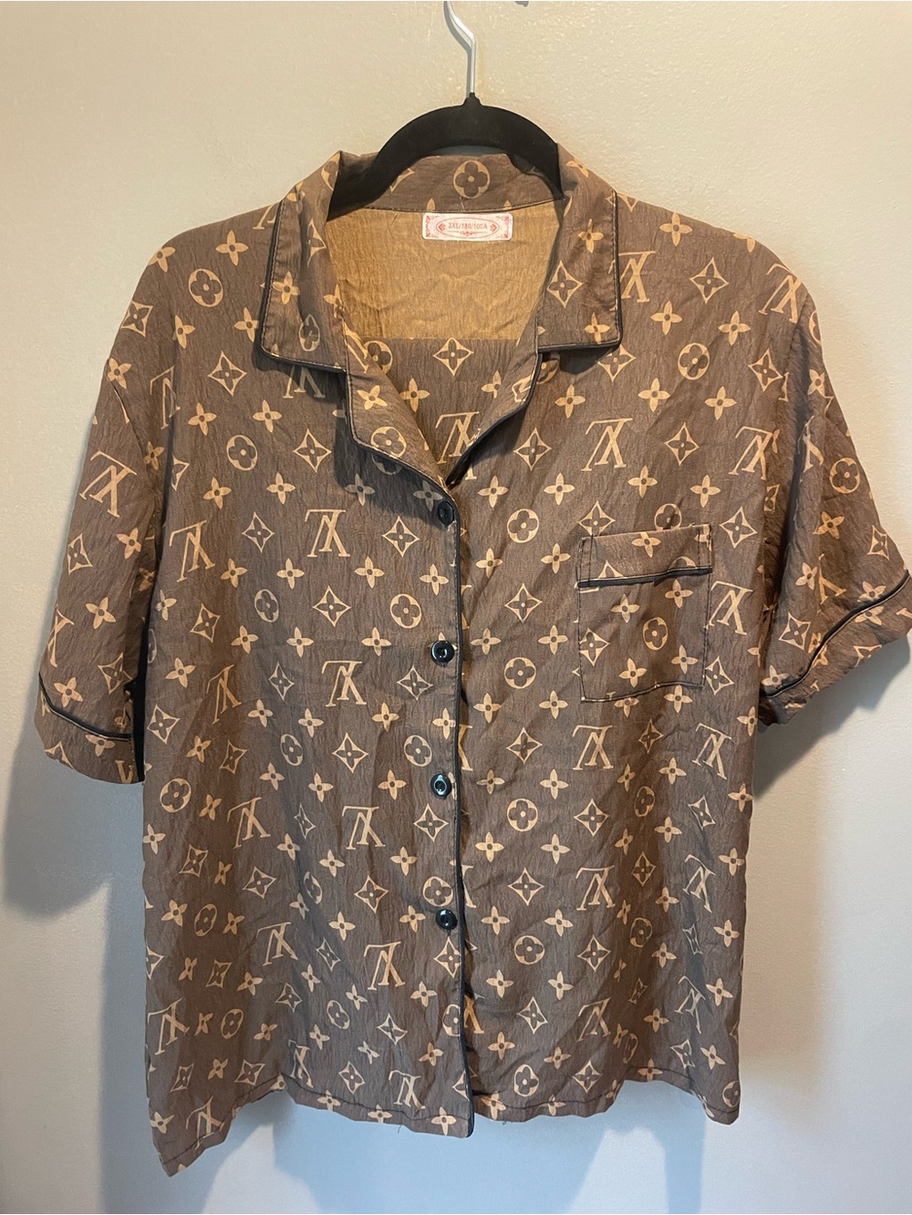 Brown Short-Sleeve Button-Down Shirt with All-Over Logo Print LV